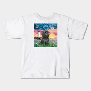 Black Shih Tzu at the Shore with a Lighthouse & a Seagull Kids T-Shirt